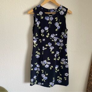 Vintage Floral Mini Dress City Triangles Lightweight Short Black Blue Stem Roses